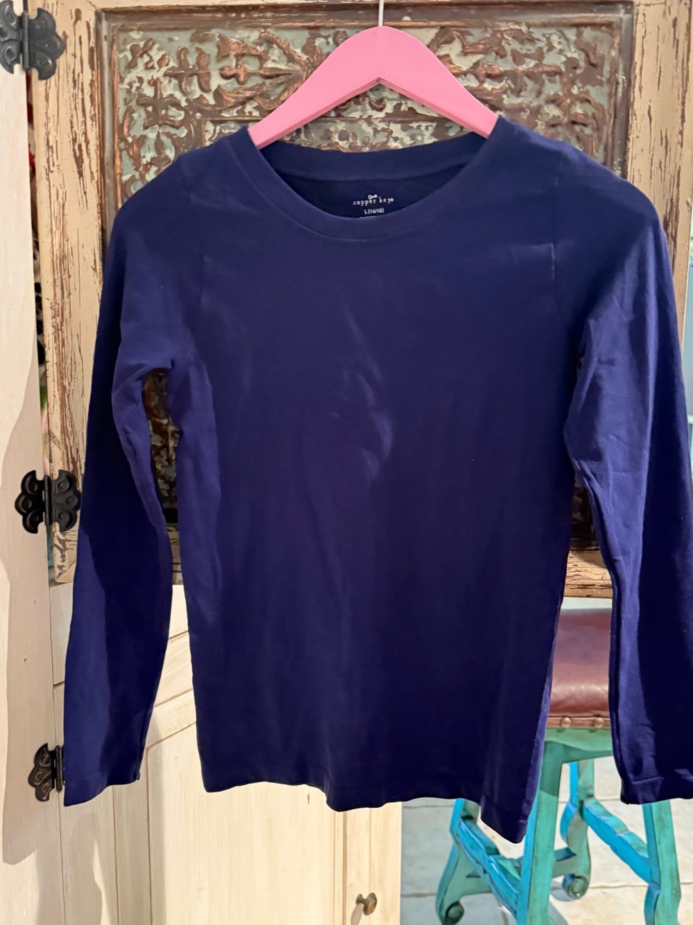 Copper Key Deep Navy Long Sleeve Crew Neck Tee stretchy material